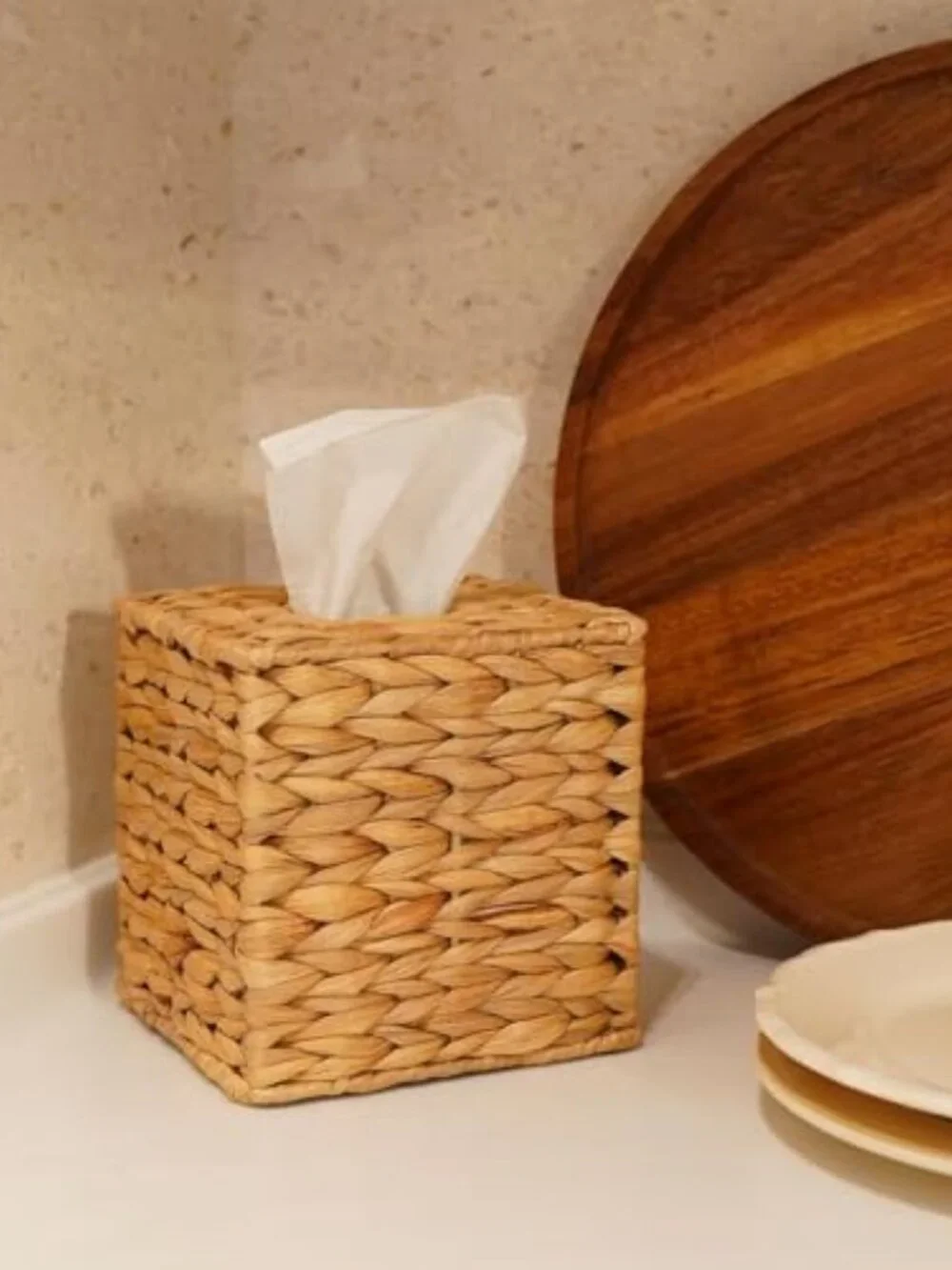 Water Hyacinth Handwoven Tissue Box Cover, Natural Handmade Wicker Napkin Box